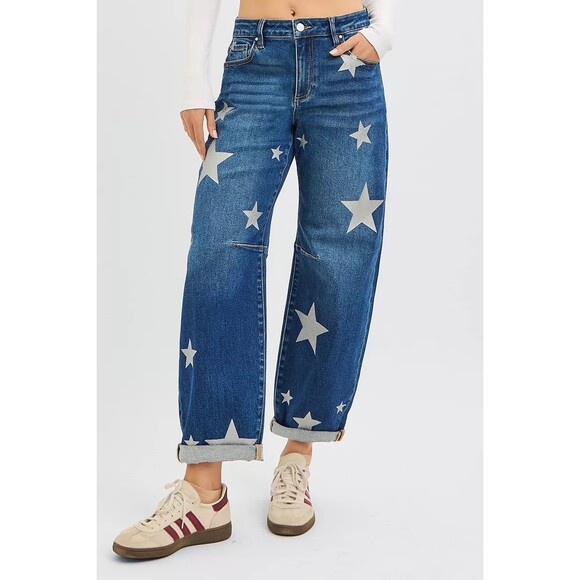 RISEN Mid Rise Ankle Length Relaxed Barrel Star Printed Jeans - Picture 1 of 6